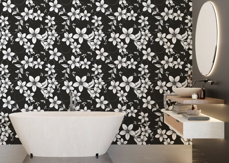Elegant black and white botanical wallpaper, perfect peel and stick wall art for modern Austin homes, ideal for refreshing Texas interiors and cozy spaces.