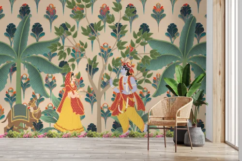 Beige Pichwai Wallpaper Radha Krishna Mural Prayer Room Decor Dallas Temple Vibes Elegant Beige Radha Krishna Pichwai Wallpaper Mural for Prayer Rooms, adding divine Indian art charm to Dallas and Fort Worth temple Decor.