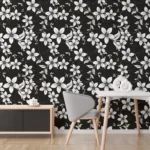 Removable black and white floral wallpaper ideal for interiors, creating a chic botanical wall accent perfect for minimalist room makeovers.