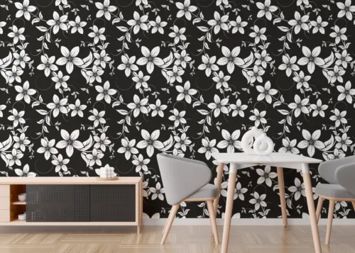 Black White Wallpaper Removable Floral Art Botanical Accent Sanfrancisco Room Makeover Removable black and white floral wallpaper ideal for interiors, creating a chic botanical wall accent perfect for minimalist room makeovers.