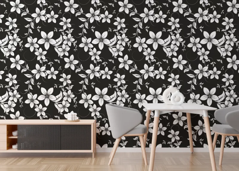 Removable black and white floral wallpaper ideal for interiors, creating a chic botanical wall accent perfect for minimalist room makeovers.
