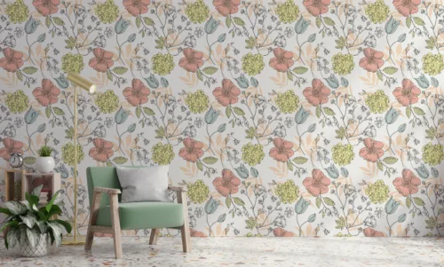 Blush Yellow Botanical Wallpaper Vinyl Peel Stick Rental Friendly Austin Homes Soft blush yellow botanical vinyl wallpaper ideal for rental apartments in Austin, Texas offering easy peel and stick wall covering style.