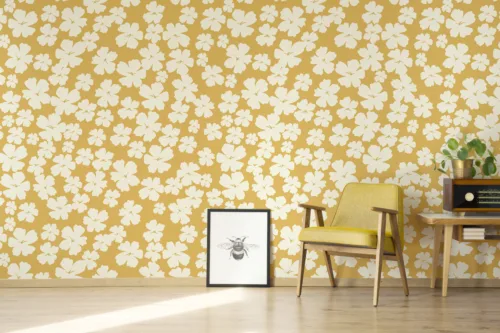 Boho Botanical Wallpaper Yellow Peel Stick Floral Home Decor Seattle Style Flair Modern boho botanical yellow wallpaper with floral accents, perfect peel and stick wall art.