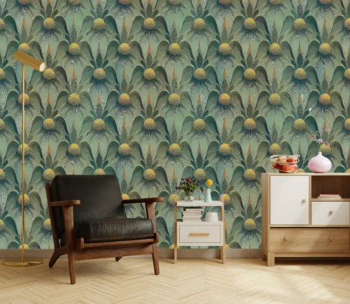 Botanical Green Wall Mural Floral Repeat Pattern Digital Art Style Modern Vintage Apartment Elegant botanical green wall mural with floral repeat pattern, modern vintage digital art design, perfect for apartment wall decor in USA homes.