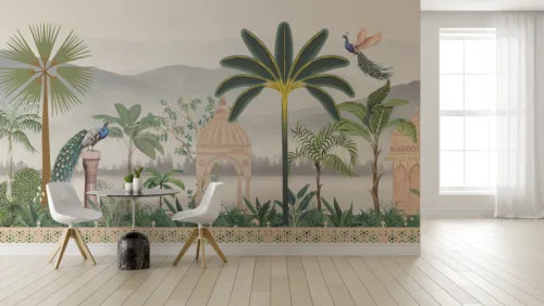 Botanical Indian Peacock Wallpaper Mughal Style Palace Mural Los Angeles Villa Focus Elegant Indian peacock wallpaper in Mughal palace style for Los Angeles villas, perfect botanical wall mural for luxury home interiors.