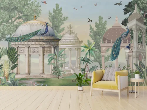 Botanical Peacock Wallpaper Mughal Palace Scene Nature Style Connecticut Room Highlight Elegant Mughal-inspired botanical peacock wallpaper showcasing palace gardens and nature details, perfect for luxury homes in Connecticut or nearby New Haven.