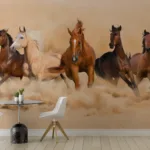 Rustic brown horse peel and stick wallpaper mural, desert wall art design for bedroom accents, trending Decor in Los Angeles apartments.