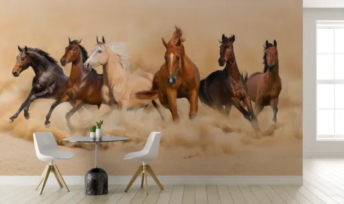 Brown Horse Wallpaper Peel Stick Southwest Art Bedroom Accent Arizona Desert Style Rustic brown horse peel and stick wallpaper mural, desert wall art design for bedroom accents, trending Decor in Los Angeles apartments.
