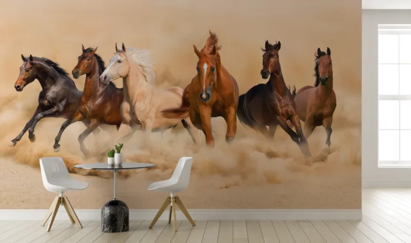 Rustic brown horse peel and stick wallpaper mural, desert wall art design for bedroom accents, trending Decor in Los Angeles apartments.