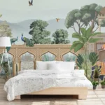 Vibrant palace garden wall mural featuring elephant and horse artwork, ideal for Soudi Arebia homes seeking exotic Indian boho room wall decoration inspiration.