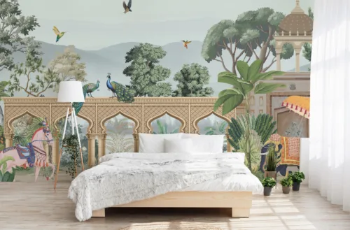 Colorful Wall Mural Elephant Horse Arches Palace Garden Art Los Angeles Room Inspiration Vibrant palace garden wall mural featuring elephant and horse artwork, ideal for Soudi Arebia homes seeking exotic Indian boho room wall decoration inspiration.