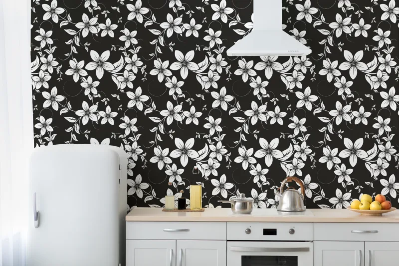 Cottagecore-inspired peel and stick black and white floral wallpaper for Dallas homes, enhancing vintage charm and cozy wall Decor with timeless appeal.