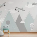 Whimsical airplane and balloon nursery wallpaper with pastel mountains, perfect for Modern rooms and Interiors.