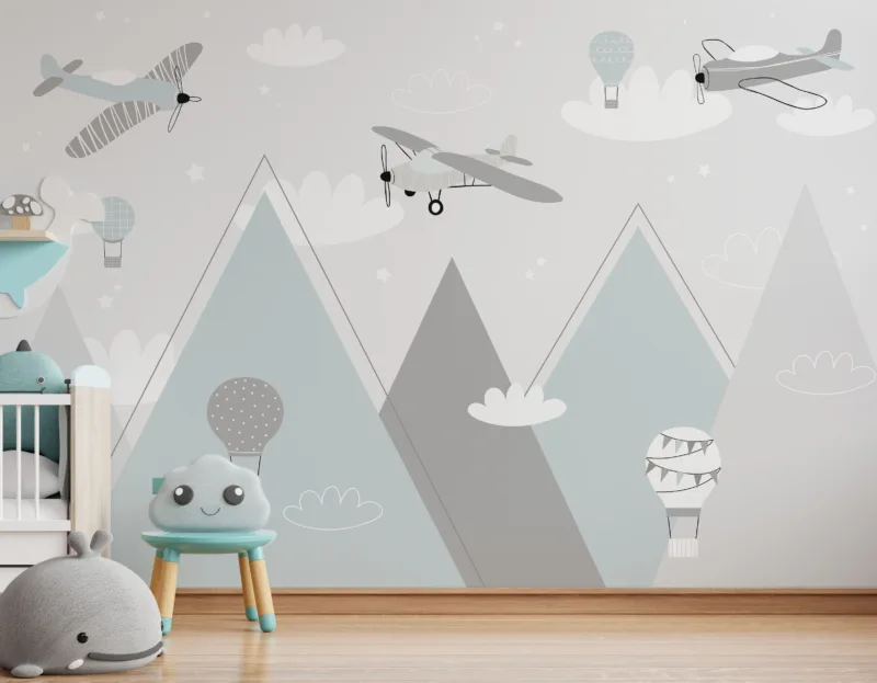 Whimsical airplane and balloon nursery wallpaper with pastel mountains, perfect for Modern rooms and Interiors.