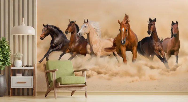 Elegant desert horses wallpaper mural in brown and beige tones, removable wall art for office Wall Decoration, loved in Melbourne, Australia homes.