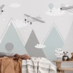 Soft gray hot air balloons and pastel planes floating over mountains, ideal wall mural for baby nursery decor.