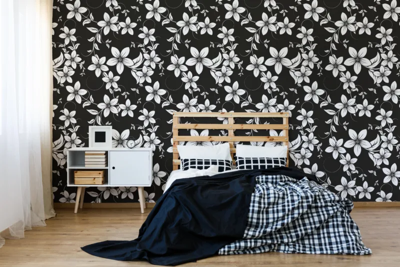 Stylish vintage floral wallpaper in black and white, perfect removable wall decal for Houston rentals, easy to apply and adds instant artistic sophistication.