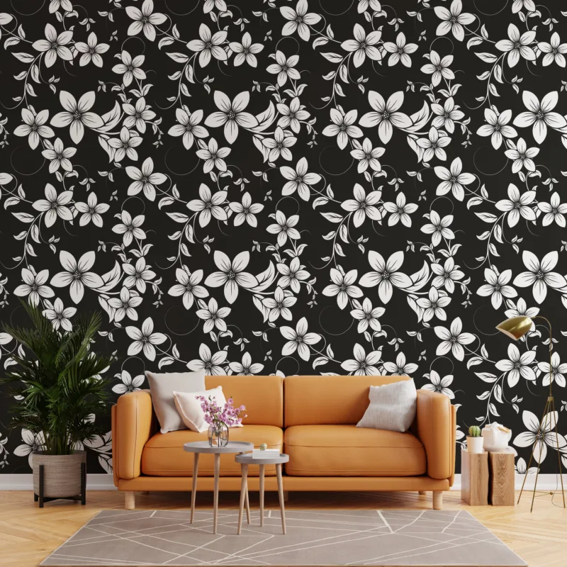 Refreshing plumeria floral peel and stick wallpaper in black and white, ideal for bright Orlando interiors and quick decorative wall updates for renters.