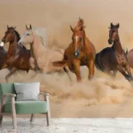 Galloping horses wall art mural with farmhouse western style, statement wallpaper for ranch interiors.