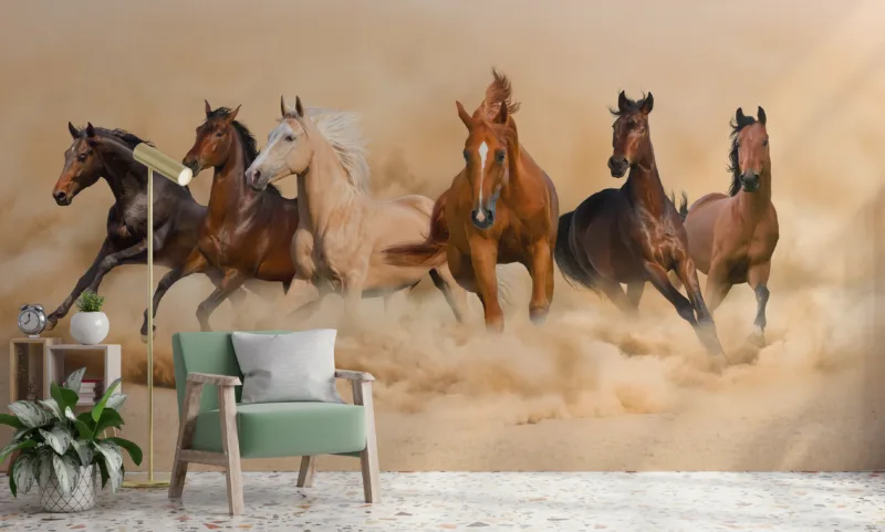 Galloping horses wall art mural with farmhouse western style, statement wallpaper for ranch interiors.
