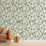 Removable green leaf botanical wallpaper for Brooklyn bedrooms, easy peel design adds a serene natural wall covering for stylish apartments and urban homes.