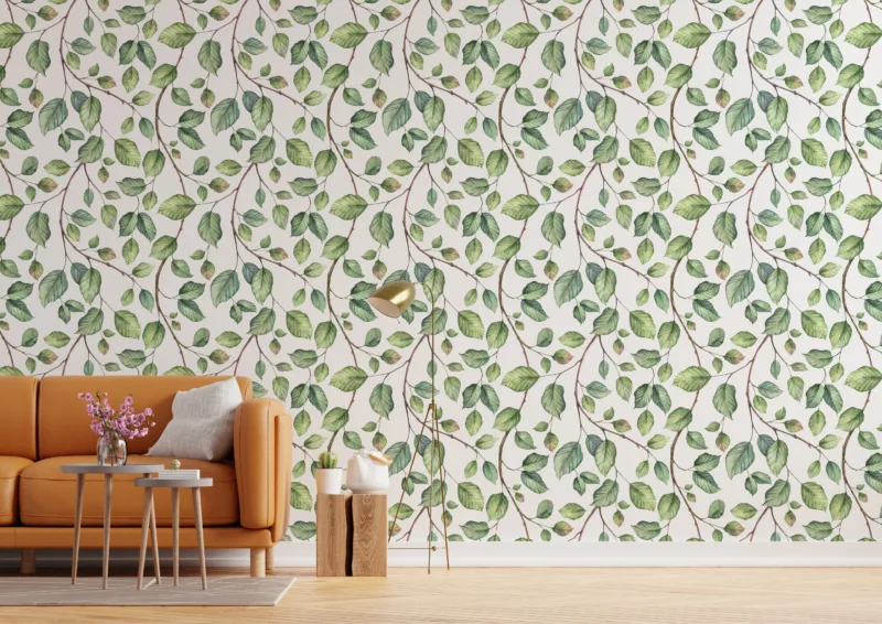 Removable green leaf botanical wallpaper for Brooklyn bedrooms, easy peel design adds a serene natural wall covering for stylish apartments and urban homes.