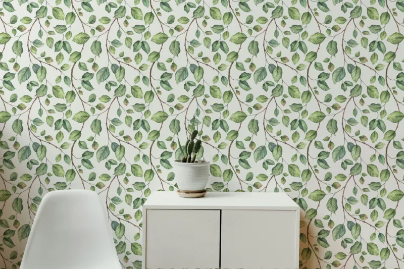 Elegant greenery peel and stick wallpaper designed for Chicago living rooms, bringing calming natural charm and botanical wall art to modern American homes.