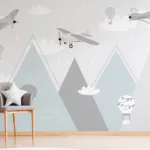 Vintage airplane and balloon wall art mural bringing sky adventure vibes to nurseries and modern kids’ bedroom interiors.