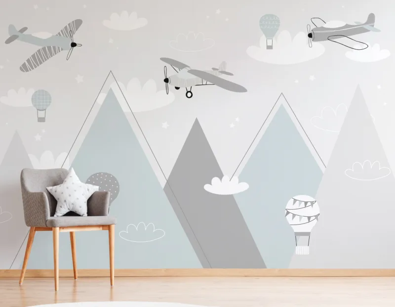 Vintage airplane and balloon wall art mural bringing sky adventure vibes to nurseries and modern kids’ bedroom interiors.