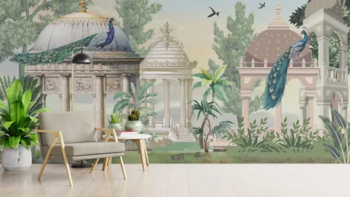 Heritage Wallpaper Mughal Garden Trees Palace Art Wall California Home Focus Regal Mughal garden wallpaper with lush trees and palace artwork, adding timeless beauty to modern interiors.