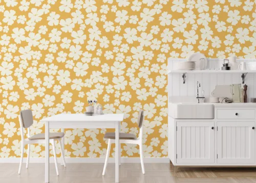 Hibiscus Flower Wallpaper Peel And Stick Yellow Wall Decor Dallas Room Feature Tropical hibiscus flower wallpaper in soft yellow tone, removable wall decor for Dallas homes, Texas interiors, and cozy modern living rooms.