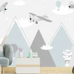 Minimalist airplane and mountain wallpaper in calm neutral tones, great for nursery room decor and kids’ bedrooms in Sydney, Australia.