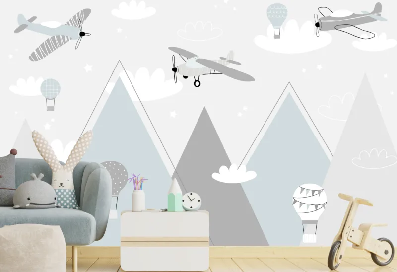 Minimalist airplane and mountain wallpaper in calm neutral tones, great for nursery room decor and kids’ bedrooms in Sydney, Australia.