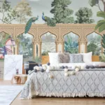 Pink horse and peacock jungle wallpaper inspired by Indian art, perfect for Florida boho bedrooms or tropical living room interior style refresh.