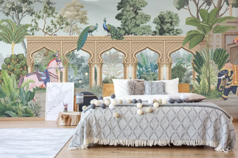 Pink horse and peacock jungle wallpaper inspired by Indian art, perfect for Florida boho bedrooms or tropical living room interior style refresh.