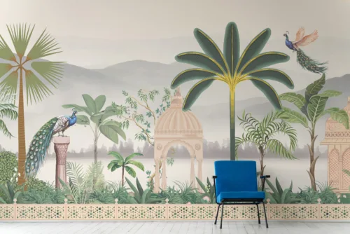 Indian Miniature Wall Mural Floral Palace Peacock Vintage Style Sydney Residence Feature Vintage Indian miniature floral wall mural with peacock accents, designed for Sydney residences adding traditional charm to Modern Homes.
