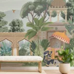 Maximalist vinyl wall mural with peacocks and elephants beneath arches and trees, adding luxury charm to living spaces and artistic homes.