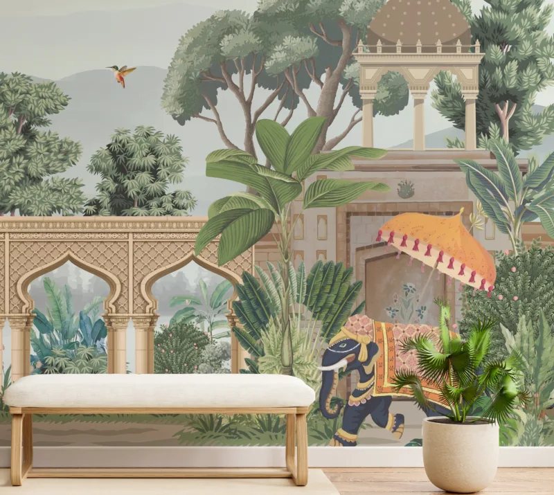 Maximalist vinyl wall mural with peacocks and elephants beneath arches and trees, adding luxury charm to living spaces and artistic homes.
