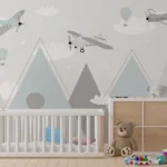 Playful airplane and cloud theme wallpaper mural with blue-gray tones, perfect for Miami beach-style nurseries and kids’ aviation wall art.