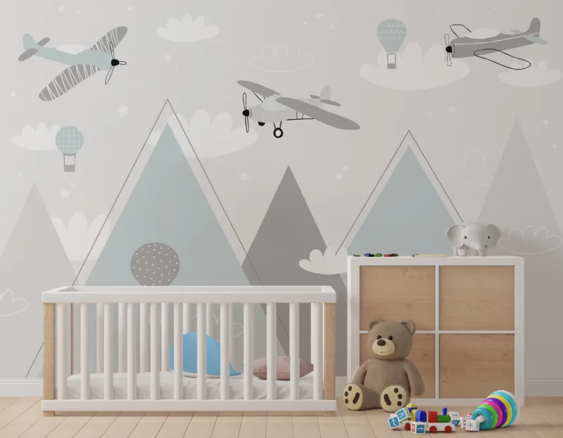 Playful airplane and cloud theme wallpaper mural with blue-gray tones, perfect for Miami beach-style nurseries and kids’ aviation wall art.
