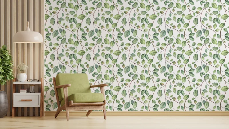Contemporary green leaves botanical wallpaper loved by Dallas renters, perfect for eco-inspired wall art Decor in apartments, studios, or living rooms.