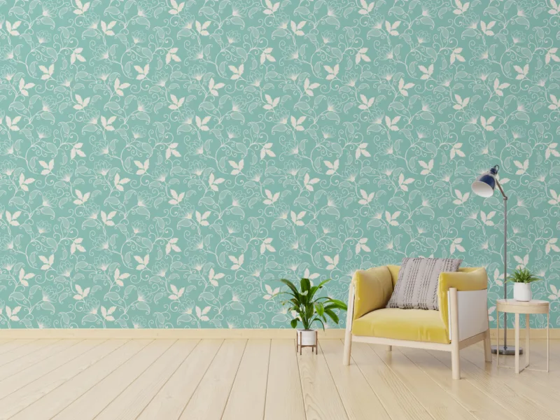 Soft teal nature-inspired floral peel and stick wallpaper, ideal for cozy interiors in Nashville and charming homes .