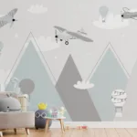 Gray-blue mountain peaks and flying planes create a peaceful sky scene wallpaper mural loved in Chicago homes and Midwest nursery interiors.