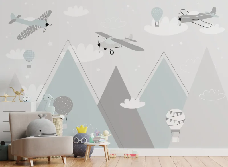 Gray-blue mountain peaks and flying planes create a peaceful sky scene wallpaper mural loved in Chicago homes and Midwest nursery interiors.