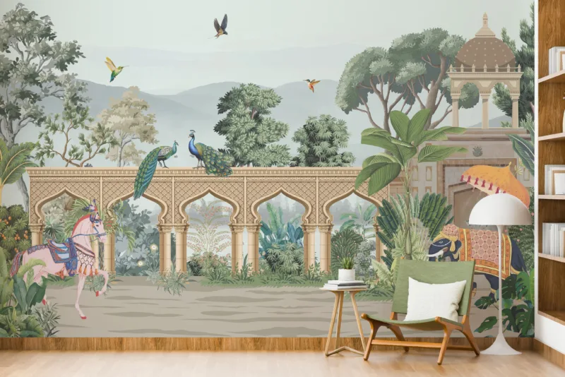 Elegant peacock palace wallpaper with Indian floral garden animals, bringing timeless boho charm to UAE bedrooms and artistic modern interiors.