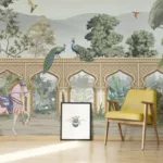 Removable Indian jungle wallpaper featuring horse and elephant, perfect for New York City apartments seeking modern, stylish, easy-install wall Deco.