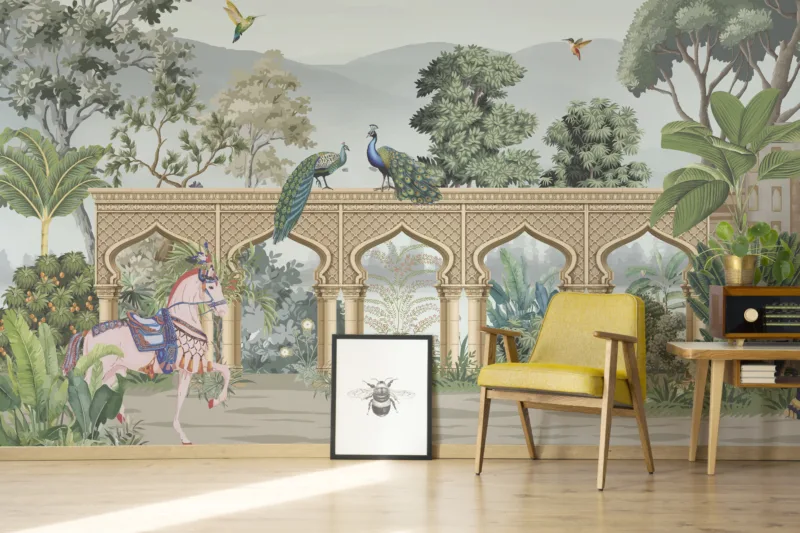 Removable Indian jungle wallpaper featuring horse and elephant, perfect for New York City apartments seeking modern, stylish, easy-install wall Deco.