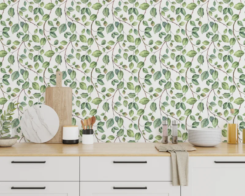 Leafy green vine peel and stick mural, trending in Austin home Deco, offering lush botanical texture and removable wallpaper charm for accent walls.