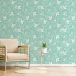 Modern botanical floral soft teal peel and stick wallpaper mural, perfect for bright living rooms.