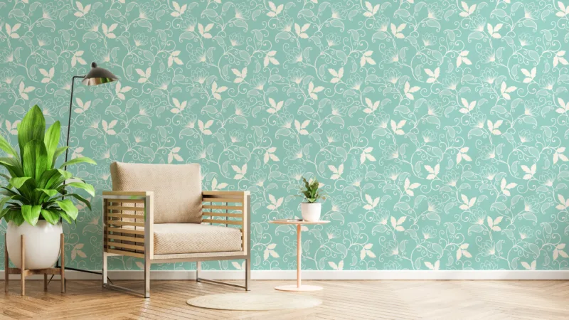 Modern botanical floral soft teal peel and stick wallpaper mural, perfect for bright living rooms.